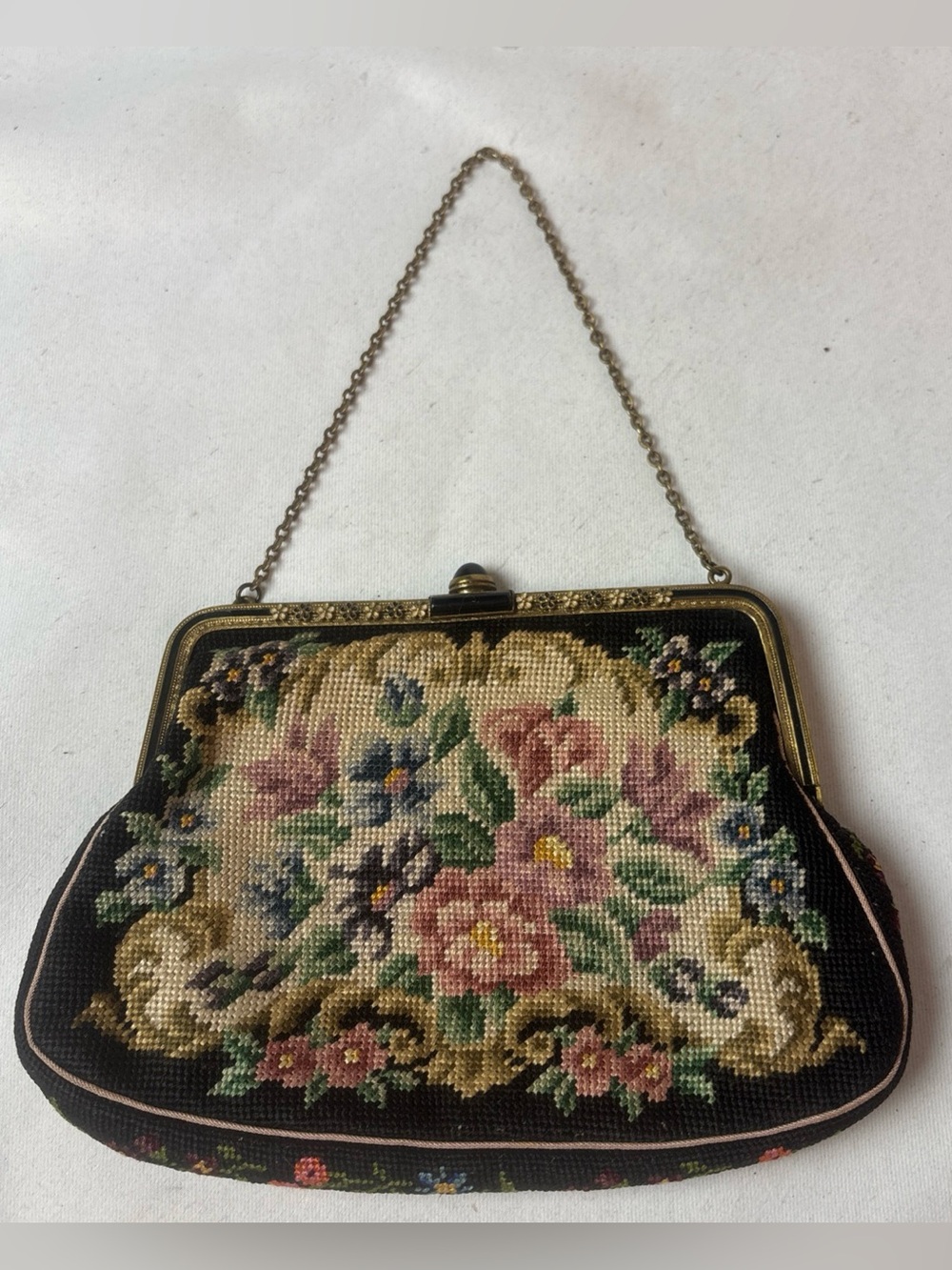Vintage Tapestry Petit-Point Handmade Floral Needlepoint Purse Victorian Framed